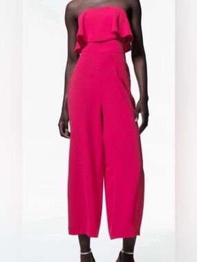 Zara Strapless Ruffle Wide-Leg Jumpsuit in Hot Pink